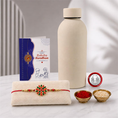 Flower Rakhi Combo - Raksha Bandhan Gift with SS Water Bottle 500ml, Pack of 5 for Bhaiya