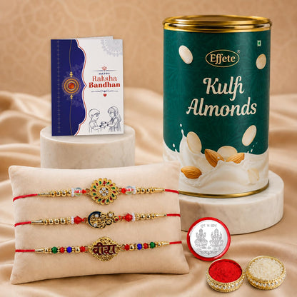 Flower Rakhi for Brother with Kulfi Almonds 96gm, Roli Tikka & Card, Pack of 7