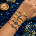 Handcrafted Dazzling Rakhi for Brother with Roli Tikka & Greeting Card, Pack of 8