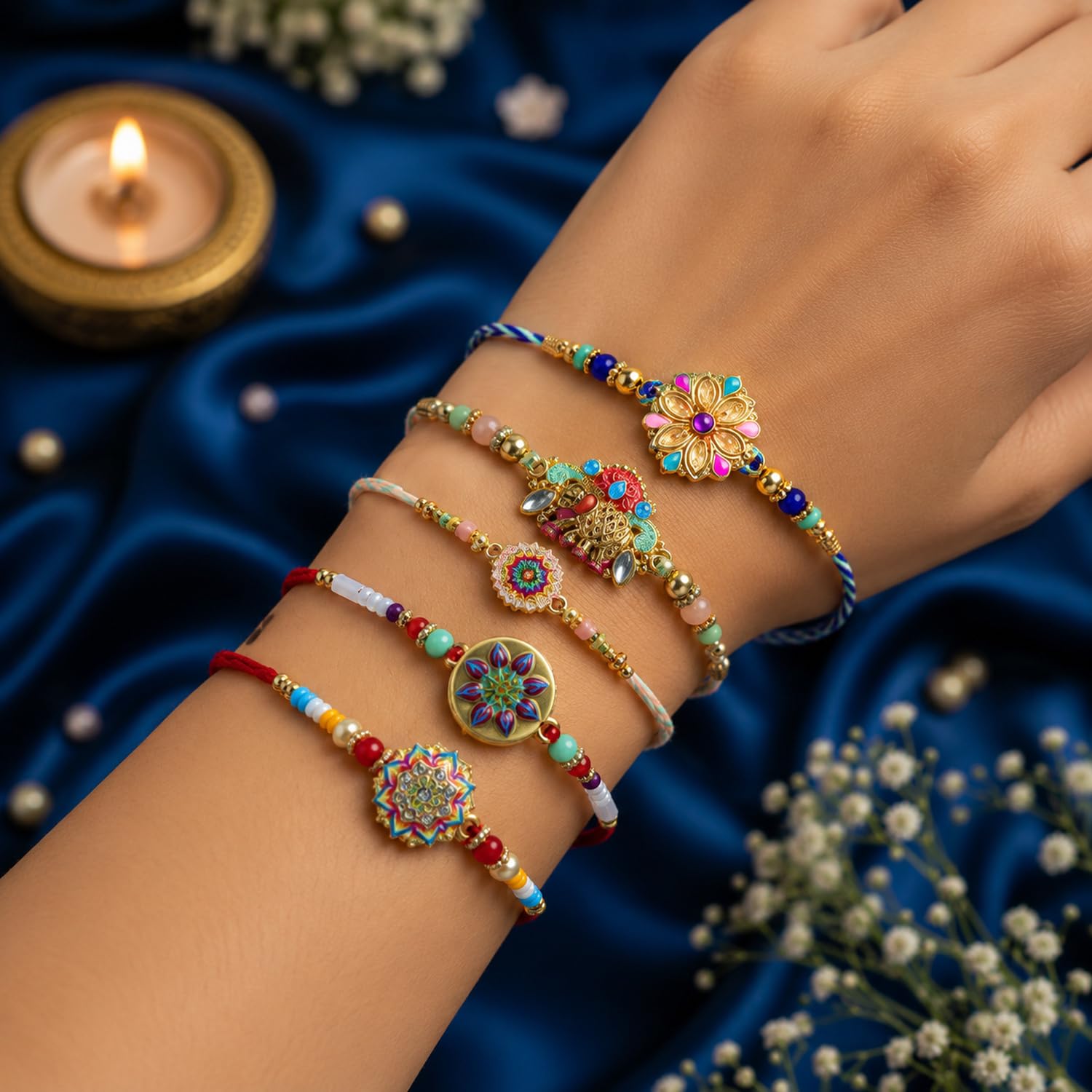 Handcrafted Dazzling Rakhi for Brother with Roli Tikka & Greeting Card, Pack of 8