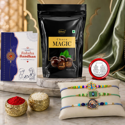 Peacock Rakhi Combo - Raksha Bandhan Gift with Choco Magic Standy Pouch, Pack of 7