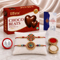 Designer Rakhi for Brother with Choco Beats 32gm, Roli Tikka & Card, Pack of 6