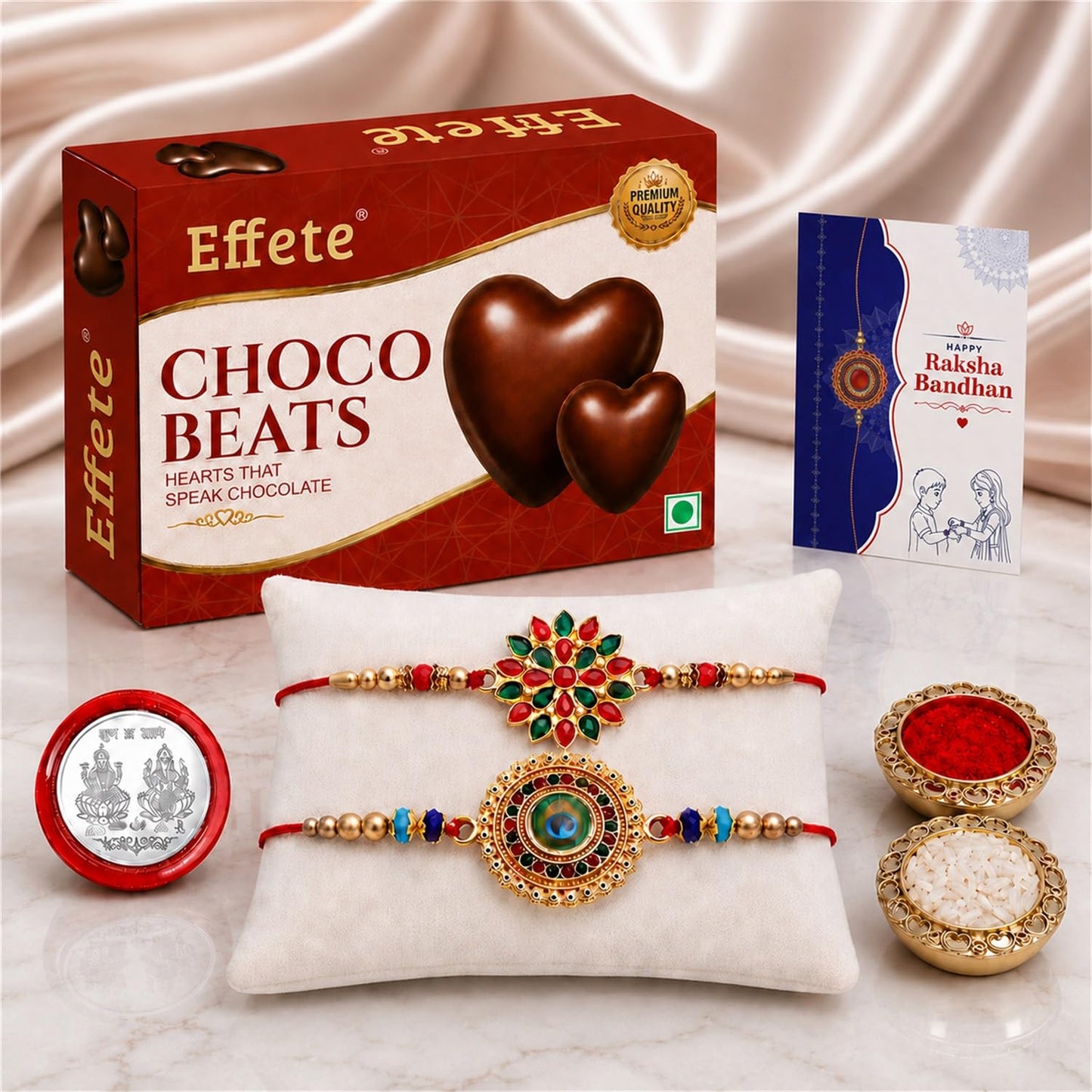Designer Rakhi for Brother with Choco Beats 32gm, Roli Tikka & Card, Pack of 6