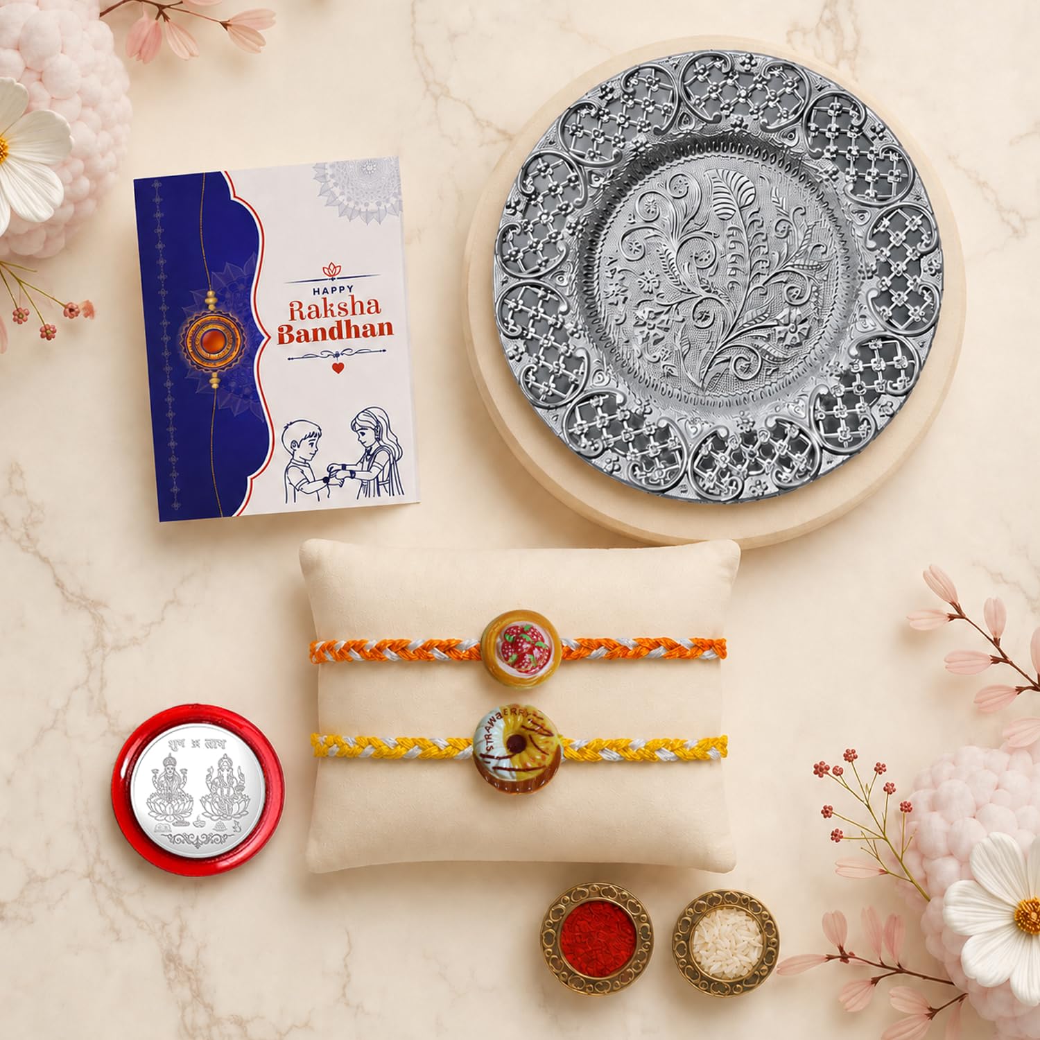 Multicolor Strawberry, Donut Bracelet/Rakhi & Pooja Thali with Silver Color Pooja Coin, Tikka/Tilak Set & Greeting Card, Rakhi Gift Hamper (Pack of 6) For Raksha Bandhan
