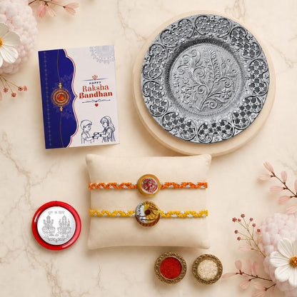Multicolor Strawberry, Donut Bracelet/Rakhi & Pooja Thali with Silver Color Pooja Coin, Tikka/Tilak Set & Greeting Card, Rakhi Gift Hamper (Pack of 6) For Raksha Bandhan