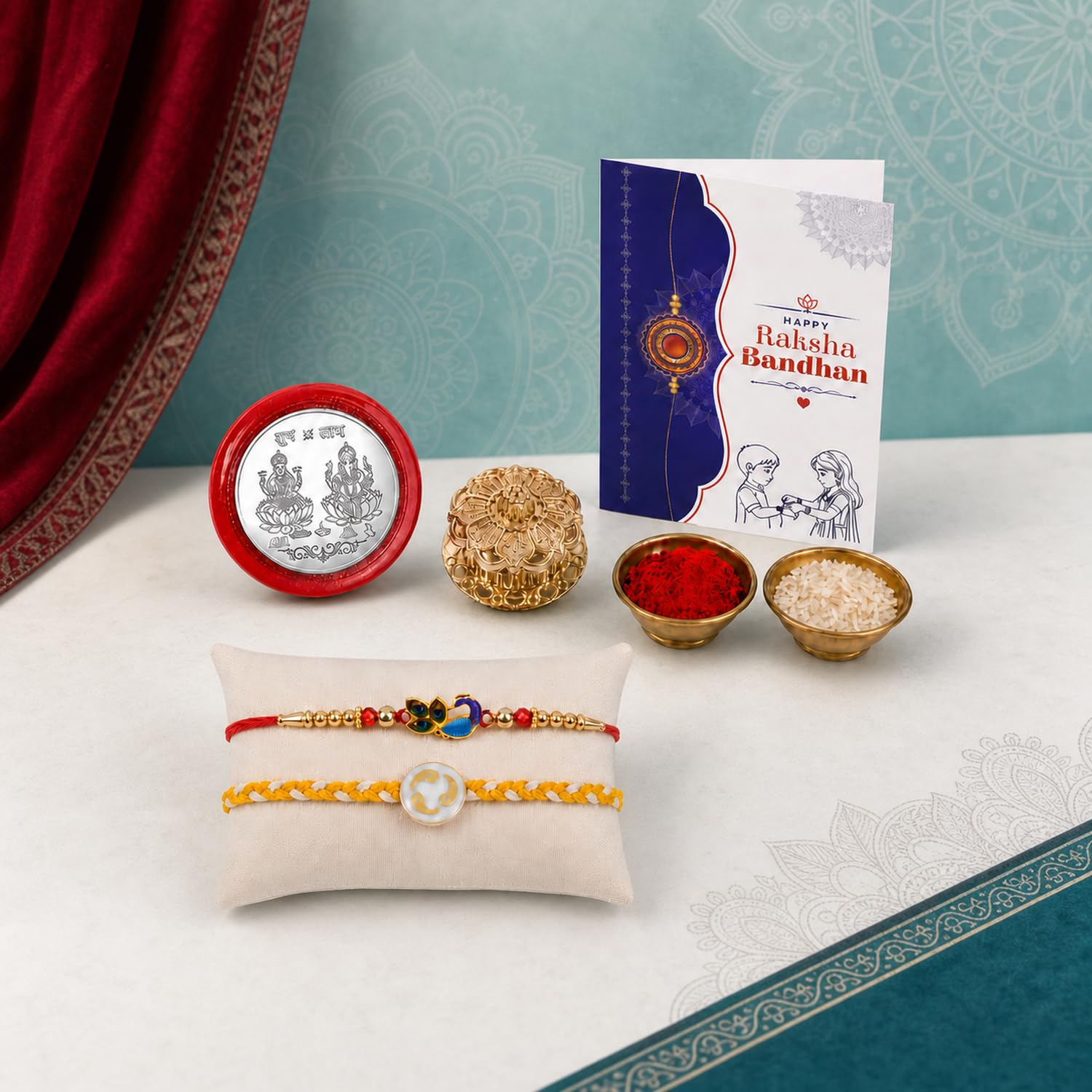 Unique Motif Rakhi Combo - Raksha Bandhan Gift with Golden Pooja Kankavati, Pack of 6