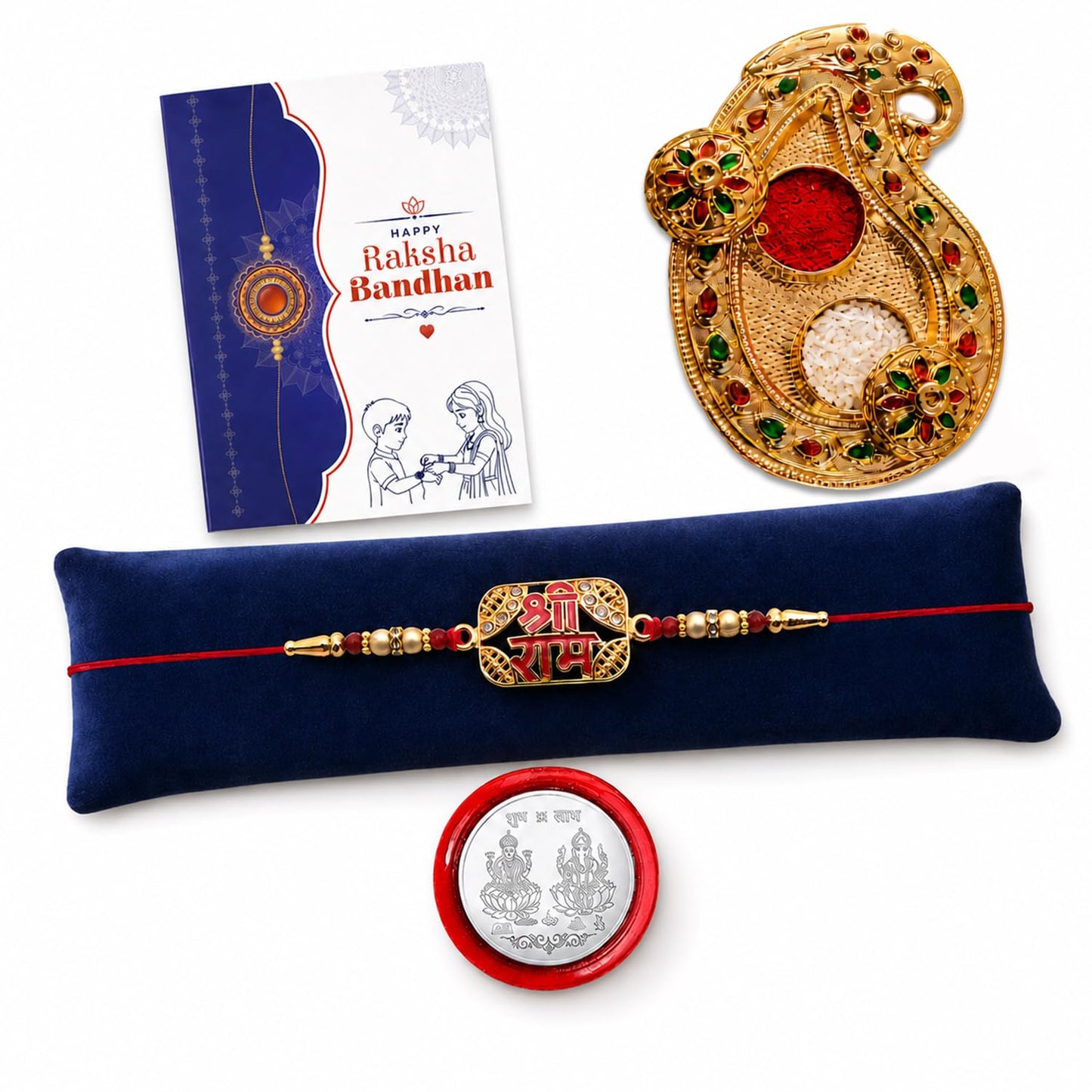 Multicolor & Art Design Pooja Thali with Silver Color Pooja Coin, Roli Chawal Rakhi For Raksha Bandhan