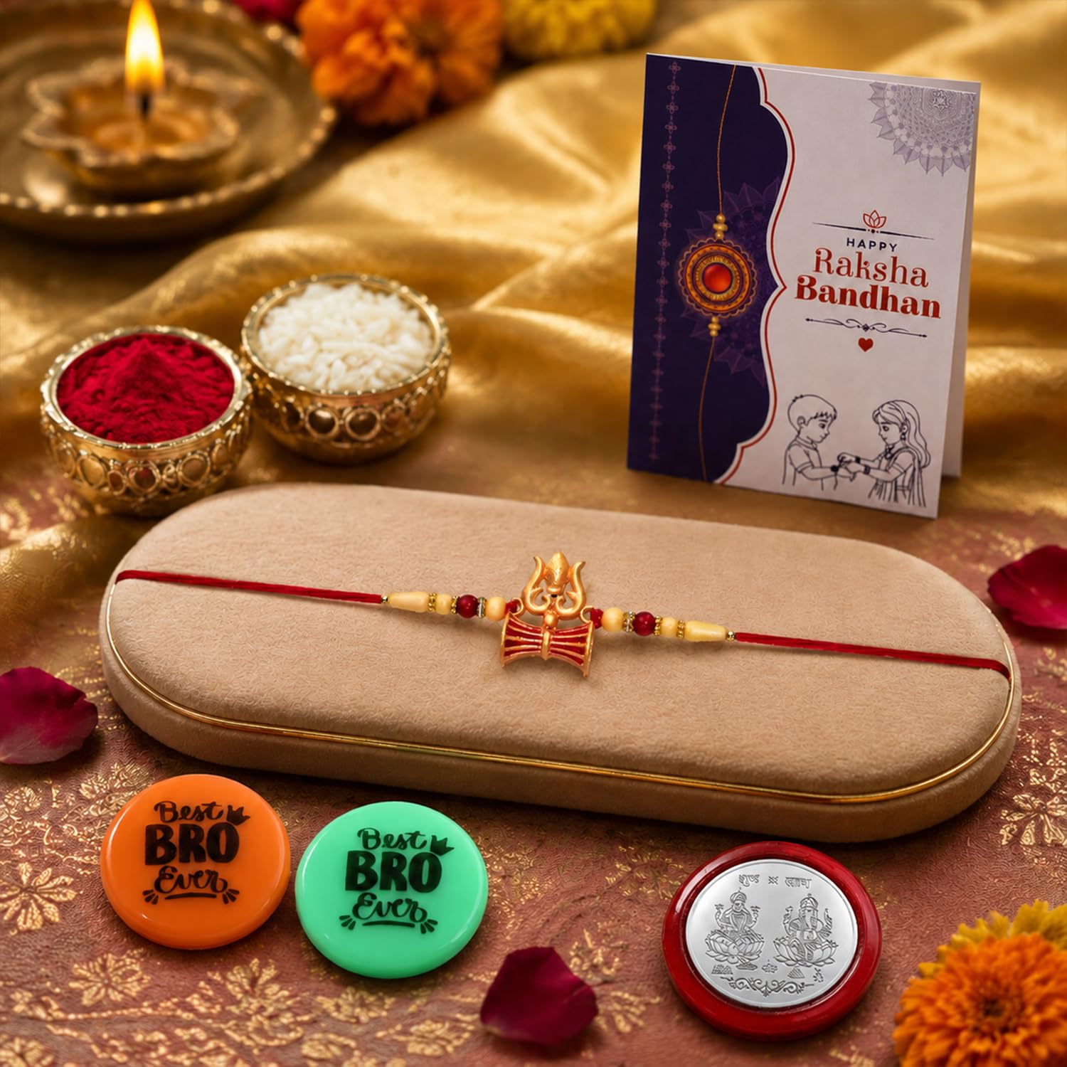 Rakhi Set for Brother (Set of 1) – Trishul with Damru Rakhi Combo with Roli