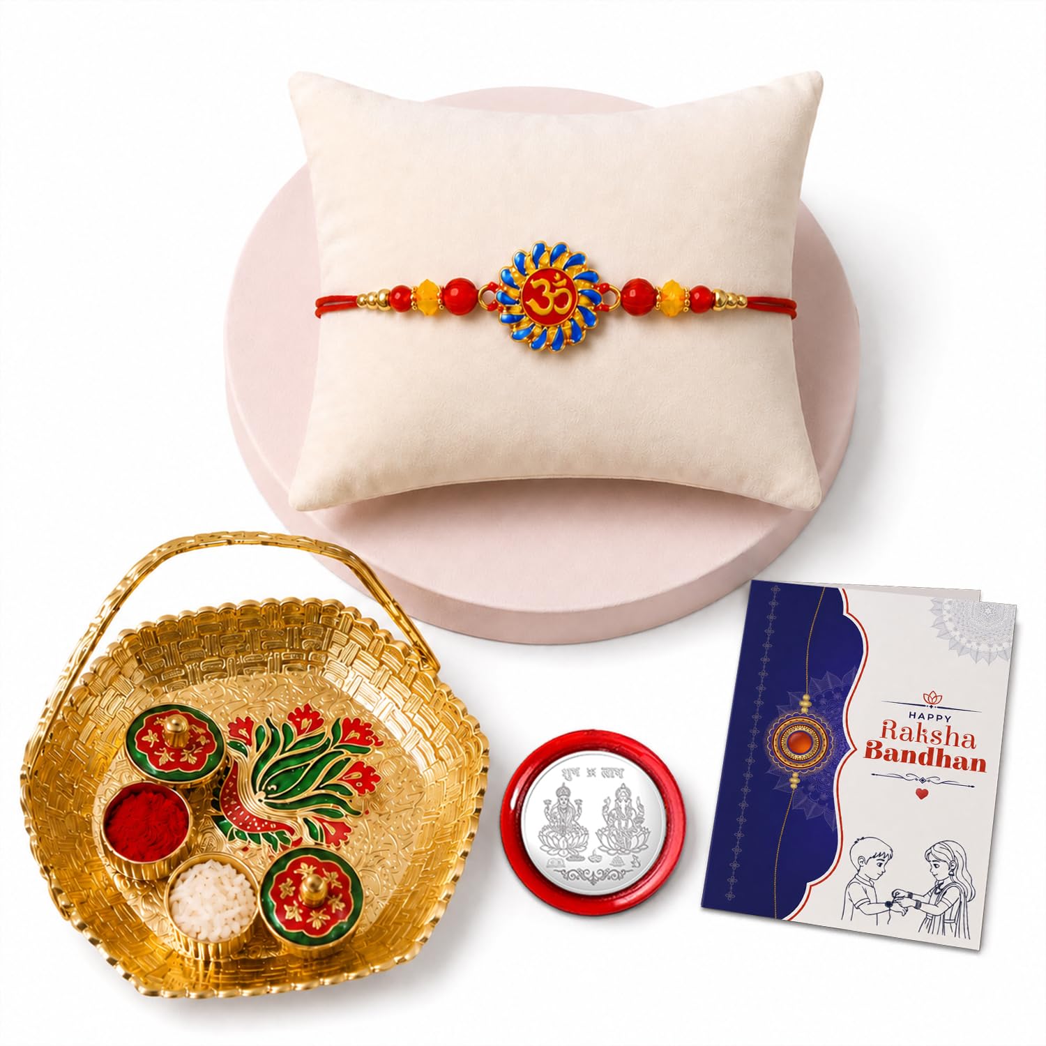 Om Multicolor Rakhi for Brother & Bhaiya with Basket-Topli Pooja | Pack of 5