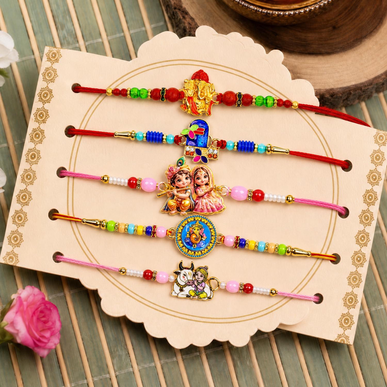 Stylish Beautiful Rakhi for Brother with Roli Tikka, Pooja Coin & Card, Pack of 8
