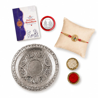 Kundan Multicolor Rakhi for Brother & Bhaiya with Silver Color Pooja | Pack of 5