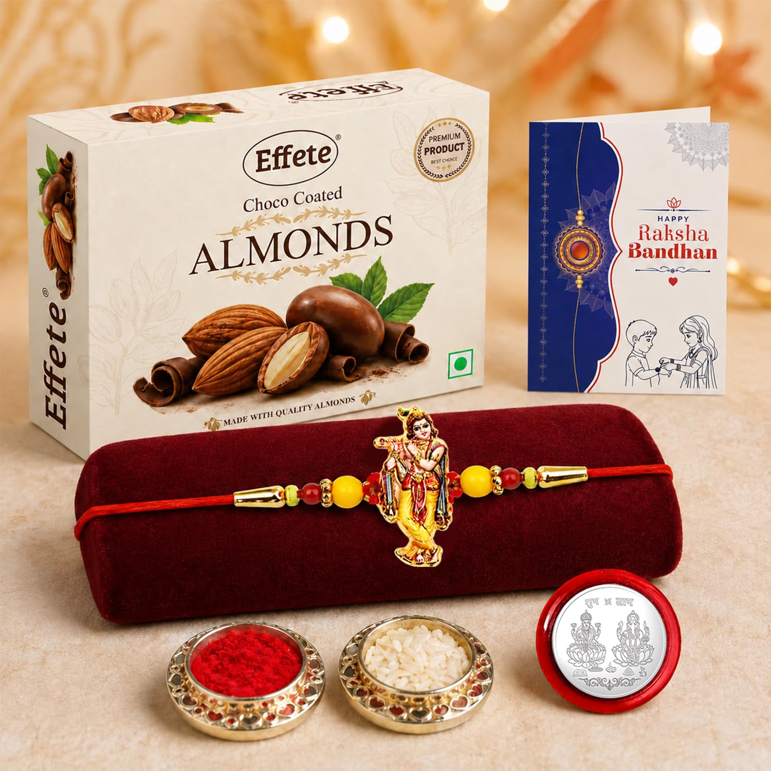 Krishna Rakhi Combo - Raksha Bandhan Gift with Choco Almonds 32gm, Pack of 5 | Rakhi Gift