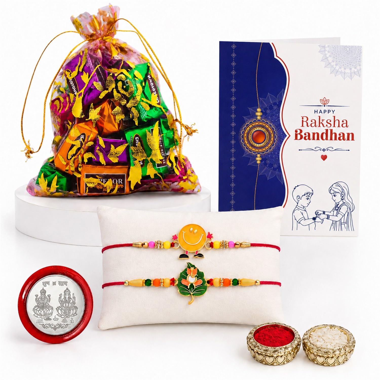 Leaf Rakhi for Brother with Assorted Treats 10pcs, Roli Tikka & Card, Pack of 6