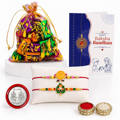 Leaf Rakhi for Brother with Assorted Treats 10pcs, Roli Tikka & Card, Pack of 6
