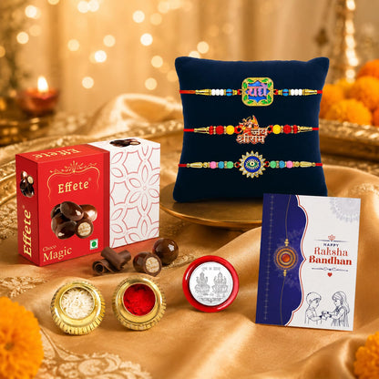 Blessing Rakhi for Brother with Choco Magic 32gm, Roli Tikka & Card, Pack of 7
