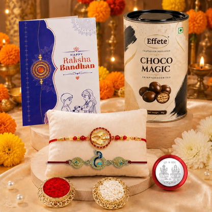 Designer Rakhi for Brother with Choco Magic 96gm, Roli Tikka & Card | Pack of 6