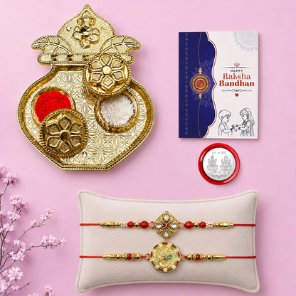 Multicolor Kundan, Ganesha Face Bracelet/Rakhi & Kalash Shape Pooja Thali with Silver Color Pooja Coin, Tikka/Tilak Set & Greeting Card, Rakhi Gift Hamper (Pack of 6) For Raksha Bandhan