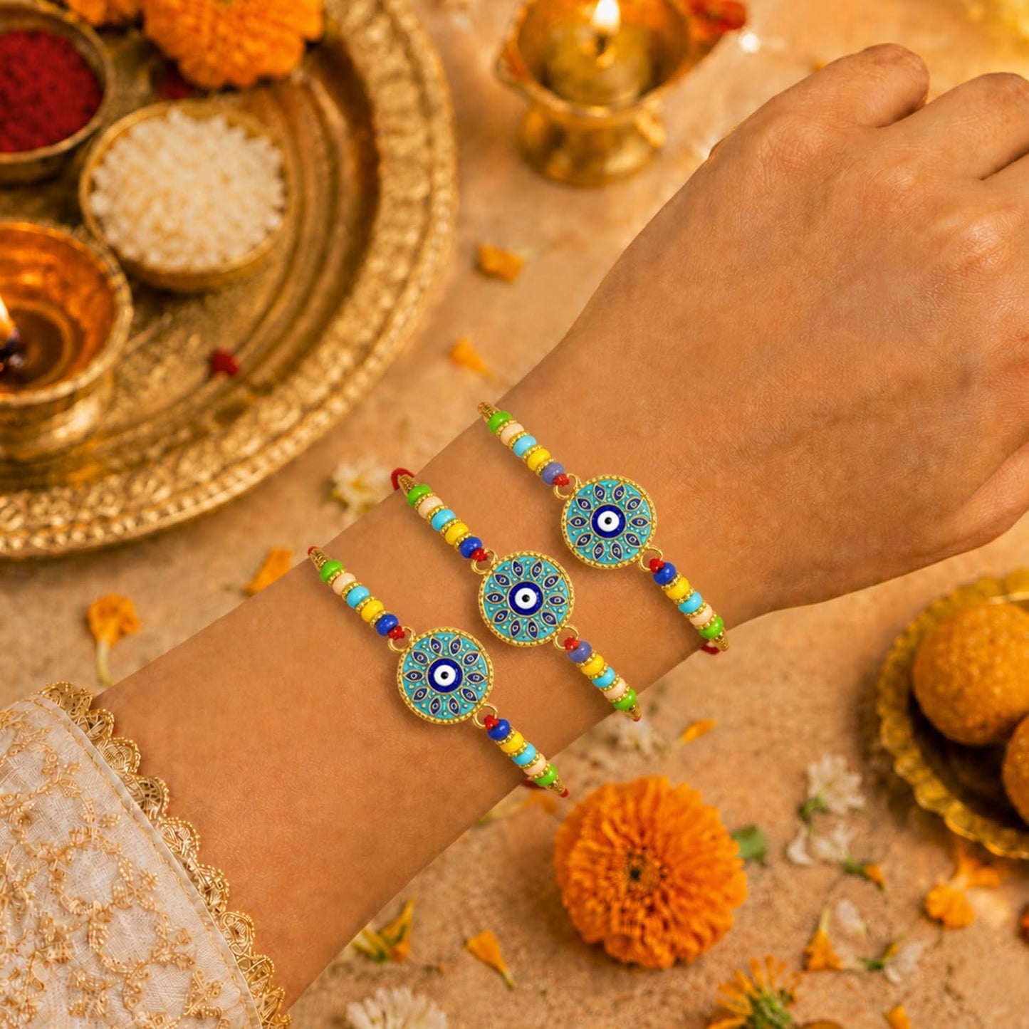Designer Elegant Rakhi for Brother with Roli Tikka & Card, Pack of 3 | Ethnic
