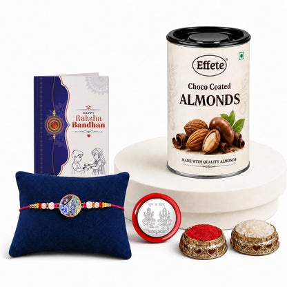 Peacock Rakhi for Brother with Choco Almonds 96gm, Roli Tikka & Card, Pack of 5