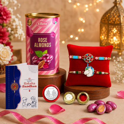 Rakhi with Chocolate for Brother – Special Raksha Bandhan Gift Assortment with Rakhi, Chocolate, Coin, Greeting Card & Roli Chawal (Pack of 6)