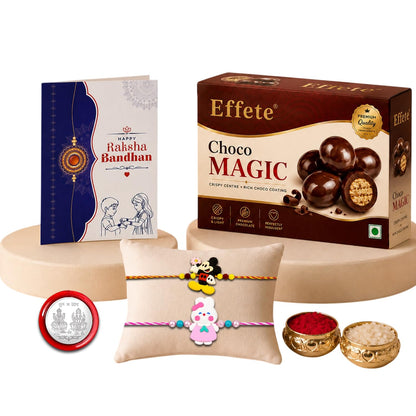 Kids Rakhi for Brother with Chocolate Magic 96gm, Roli Tikka & Card, Pack of 6