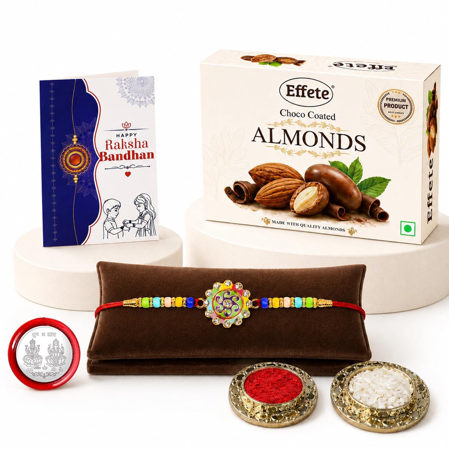Spiral Rakhi for Brother with Choco Almonds 32gm, Roli Tikka & Card, Pack of 5