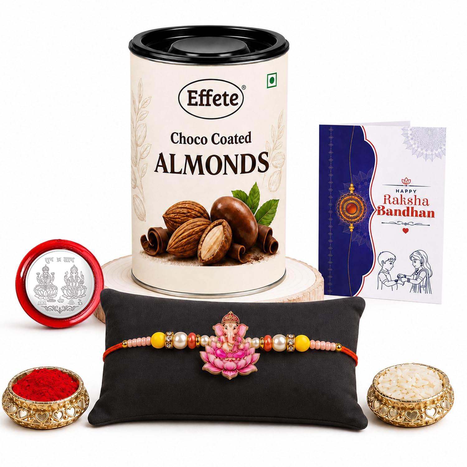 Ganesha Rakhi for Brother with Choco Almonds 96gm, Roli Tikka & Card, Pack of 5