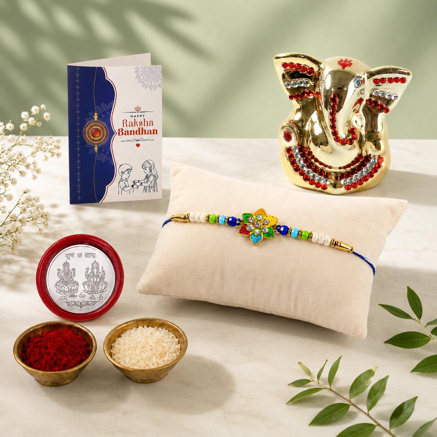 Flower Multicolor Rakhi for Brother & Bhaiya with Ganesh Idol | Pack of 5