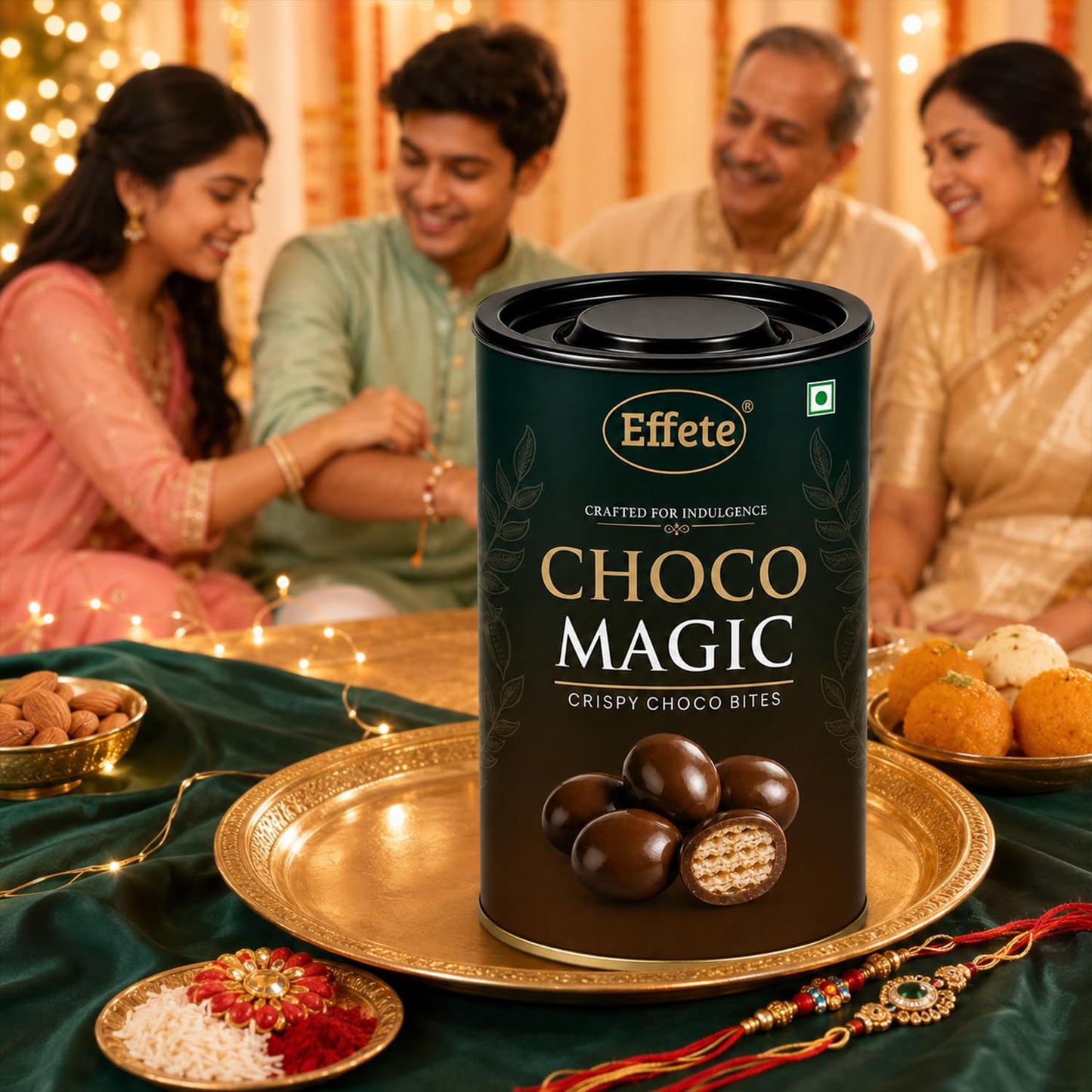 Om Rakhi for Brother with Chocolate Magic 96gm, Roli Tikka & Card - Pack of 5