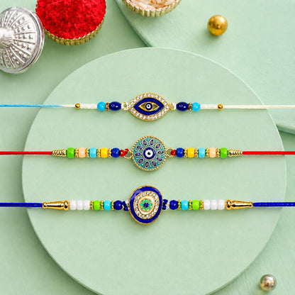Designer Elegant Multicolor Evil Eye Rakhi for Brother with Roli Tikka, Pack of 6