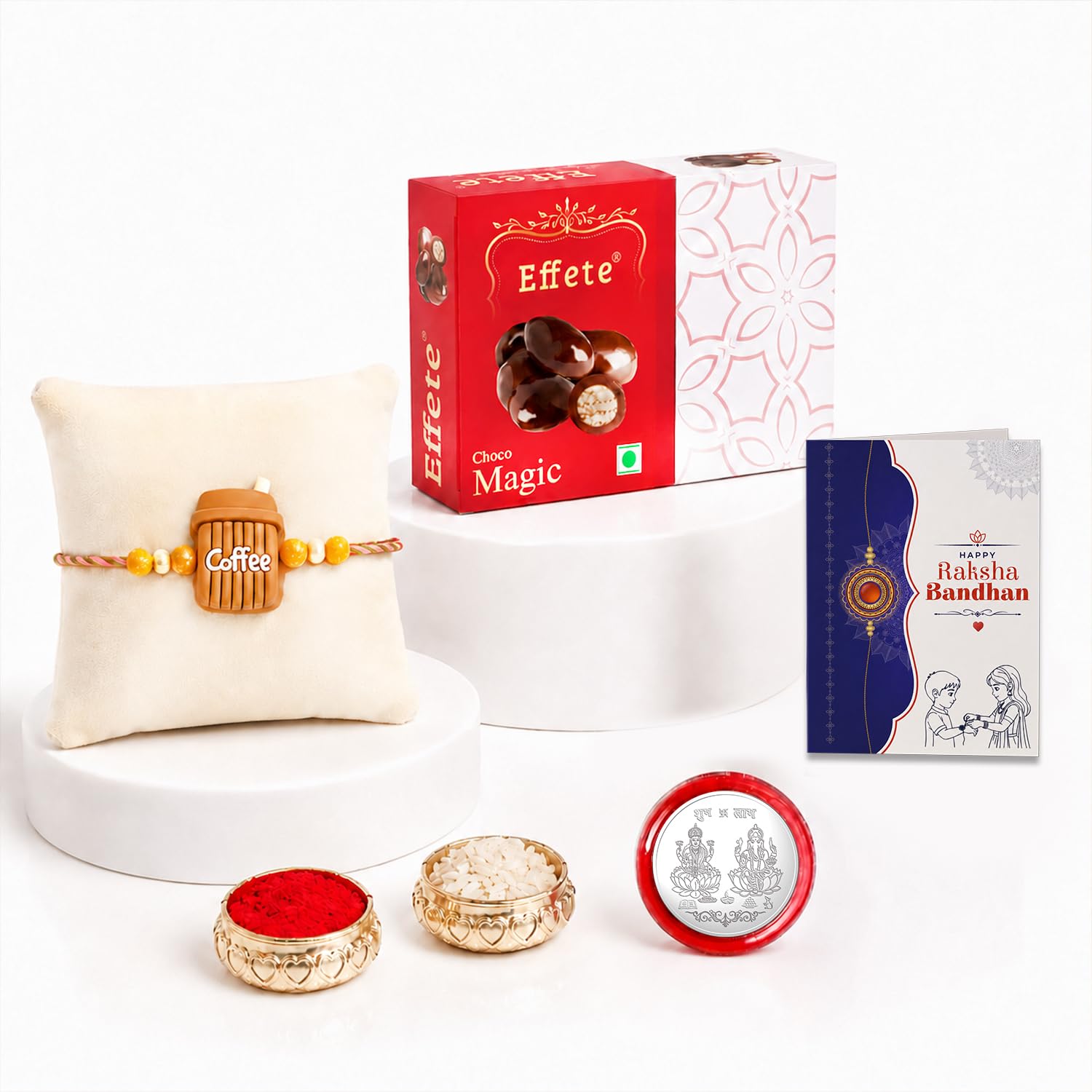 Coffee Mug Rakhi for Brother with Choco Magic 32gm, Roli Chawal & Card, Pack of 5