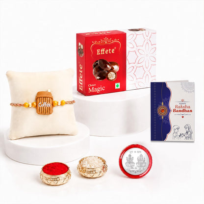Coffee Mug Rakhi for Brother with Choco Magic 32gm, Roli Chawal & Card, Pack of 5
