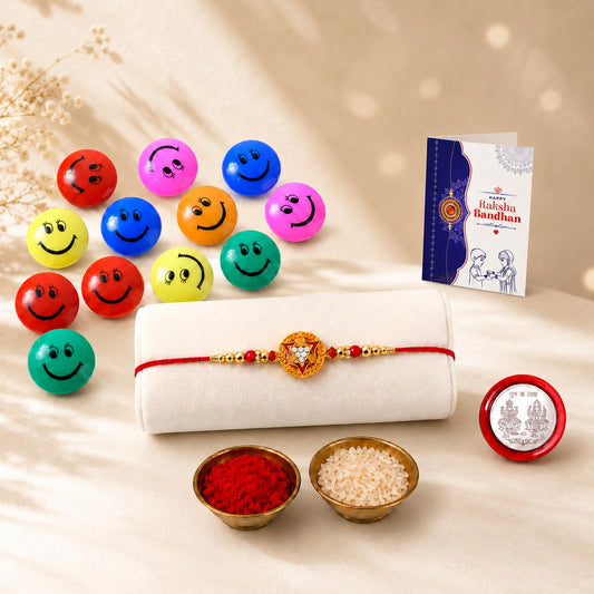 Round Multicolor Rakhi & Decorative Magnets 12pcs with Roli Chawal, Silver Color Pooja Coin & Greeting Card | Rakhi for Brother with Gift | Fancy Rakhi | Pack of 5 | For Raksha Bandhan