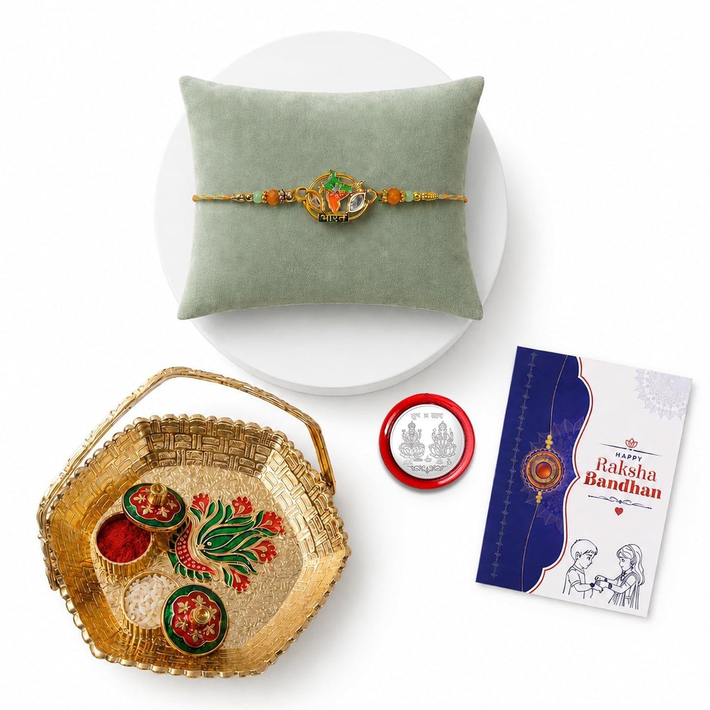 Multicolor Bharat Tiranga Bracelet/Rakhi & Basket-Topli Pooja Thali with Silver Color Pooja Coin, Tikka/Tilak Set & Greeting Card, Rakhi Gift Hamper (Pack of 5) For Raksha Bandhan