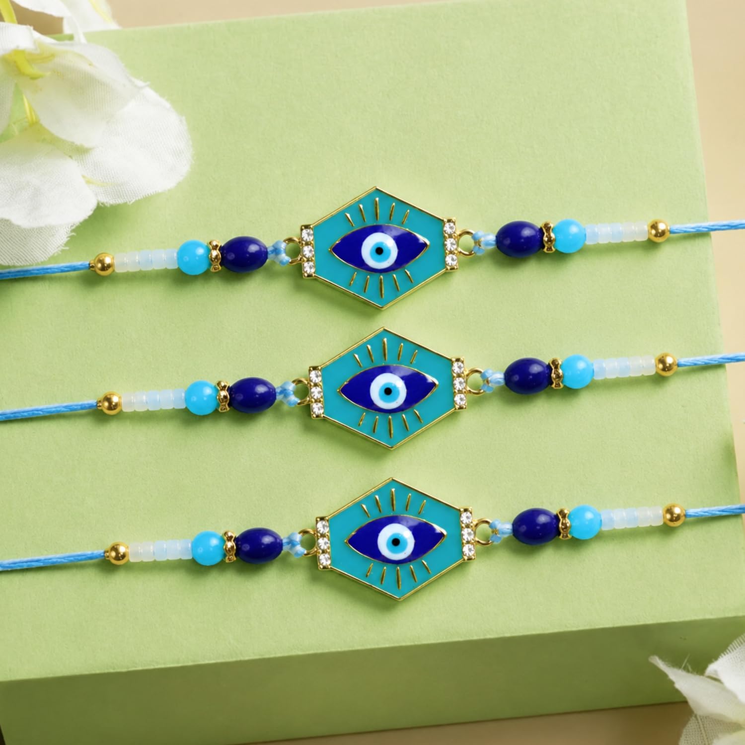 Designer Elegant Rakhi for Brother with Roli Tikka & Card, Pack of 3 | Classic