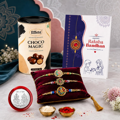 Kundan Rakhi for Brother with Chocolate Magic 96gm, Roli Tikka & Card - Pack of 7