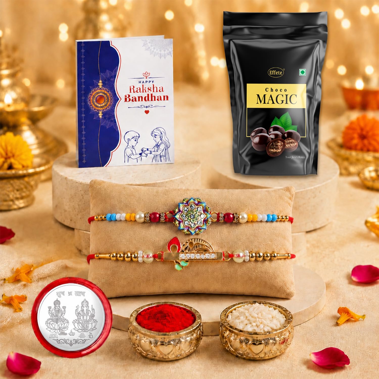 Murli and Flower Rakhi for Brother with Choco Magic Pouch, Coin & Card, Pack of 5