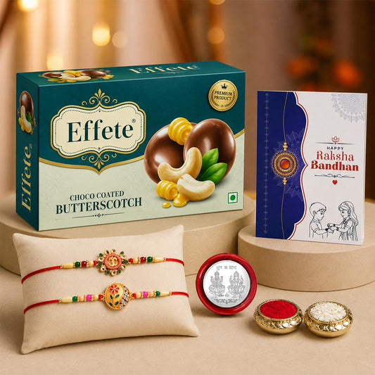 OM, Round Rakhi for Brother with Butter Scotch 32gm, Roli Tikka & Card, Pack of 6