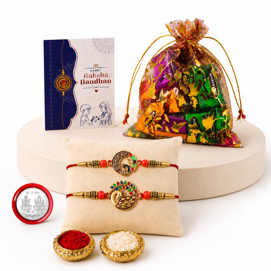 Peacock Rakhi for Brother with Assorted Treats, Roli Tikka & Card | Pack of 6