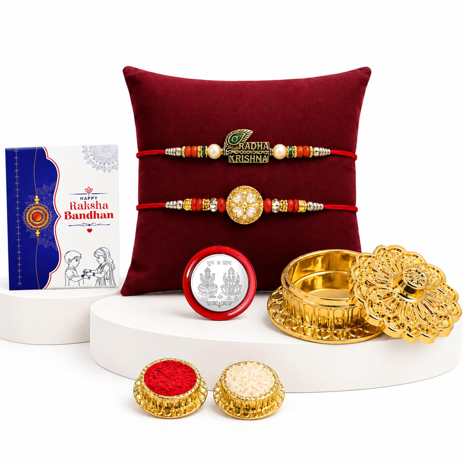 Designer Elegant Multicolor Round & Radha Krishna Rakhi Combo | Pack of 6
