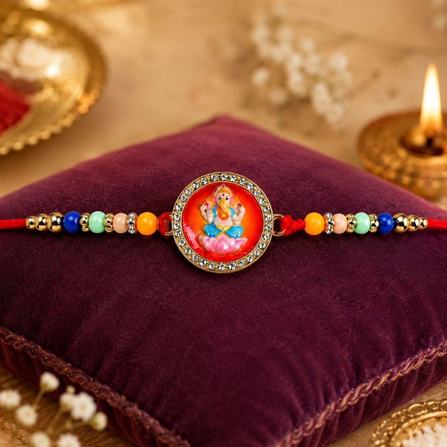 Ganesha Beads Rakhi for Brother with Tilak Set & Greeting Card, Rakhi Set (V11)