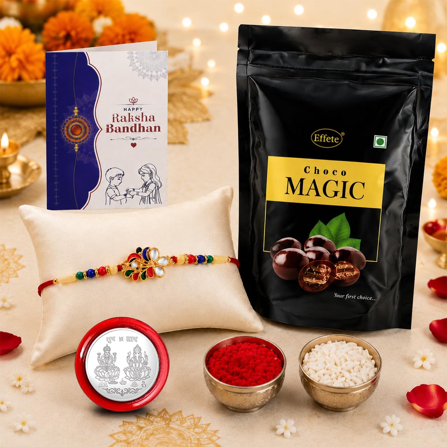 colorful Rakhi for Brother with Choco Magic Pouch, Roli Tikka & Card, Pack of 5