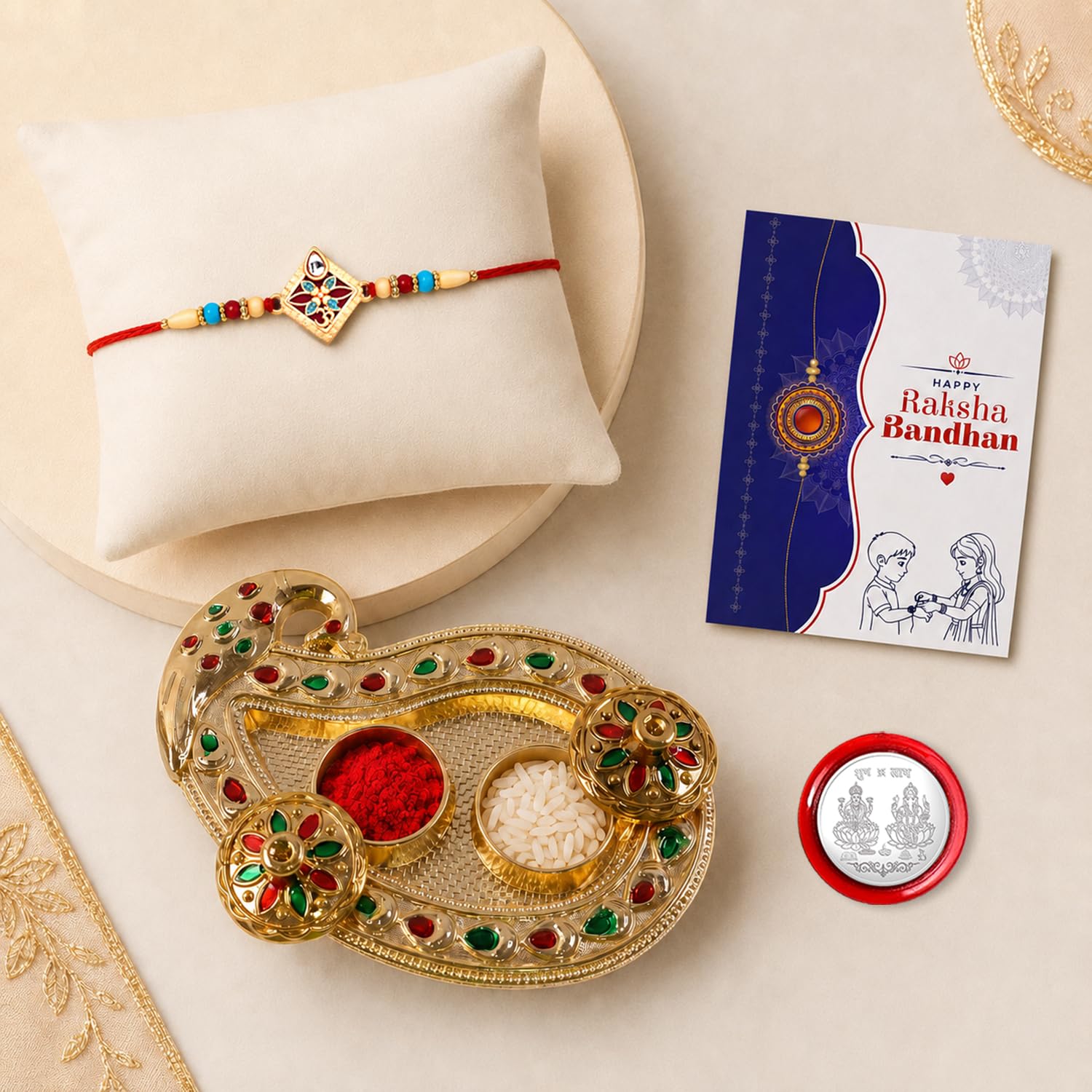 OM Multicolor Rakhi for Brother & Bhaiya with Art Design Pooja Thali | Pack of 5