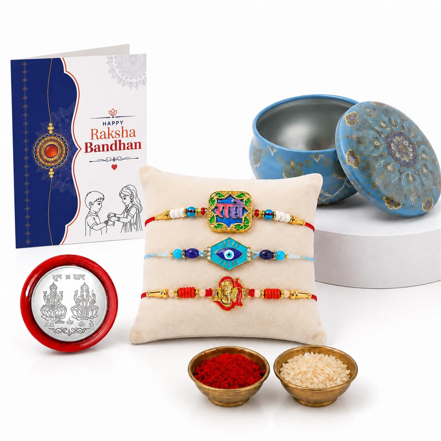 Evil Eye, Radhe, Om Ganesha Multicolor Rakhi for Brother & Bhaiya | Pack of 7