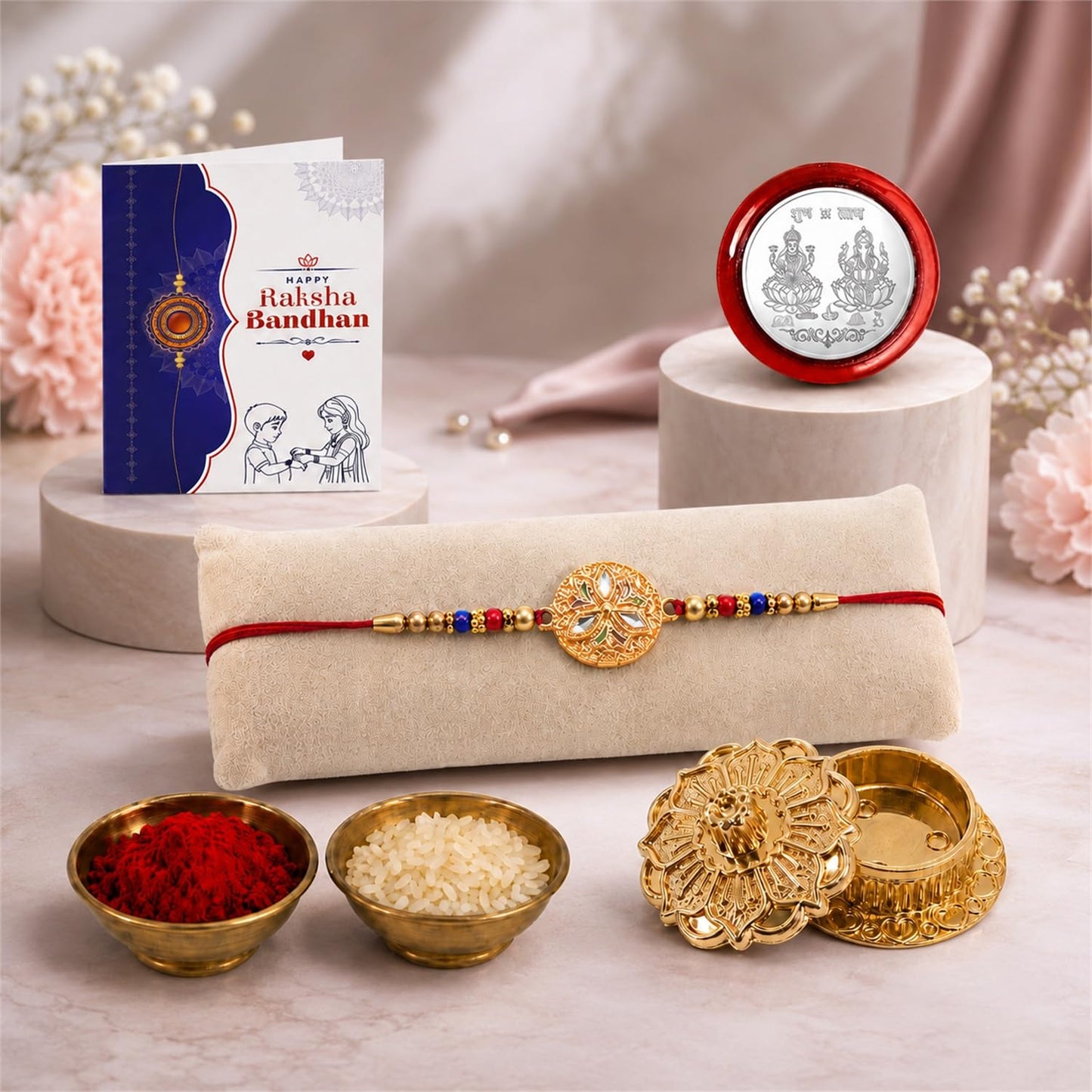 Round Multicolor Rakhi for Brother & Bhaiya with Golden Pooja | Pack of 5