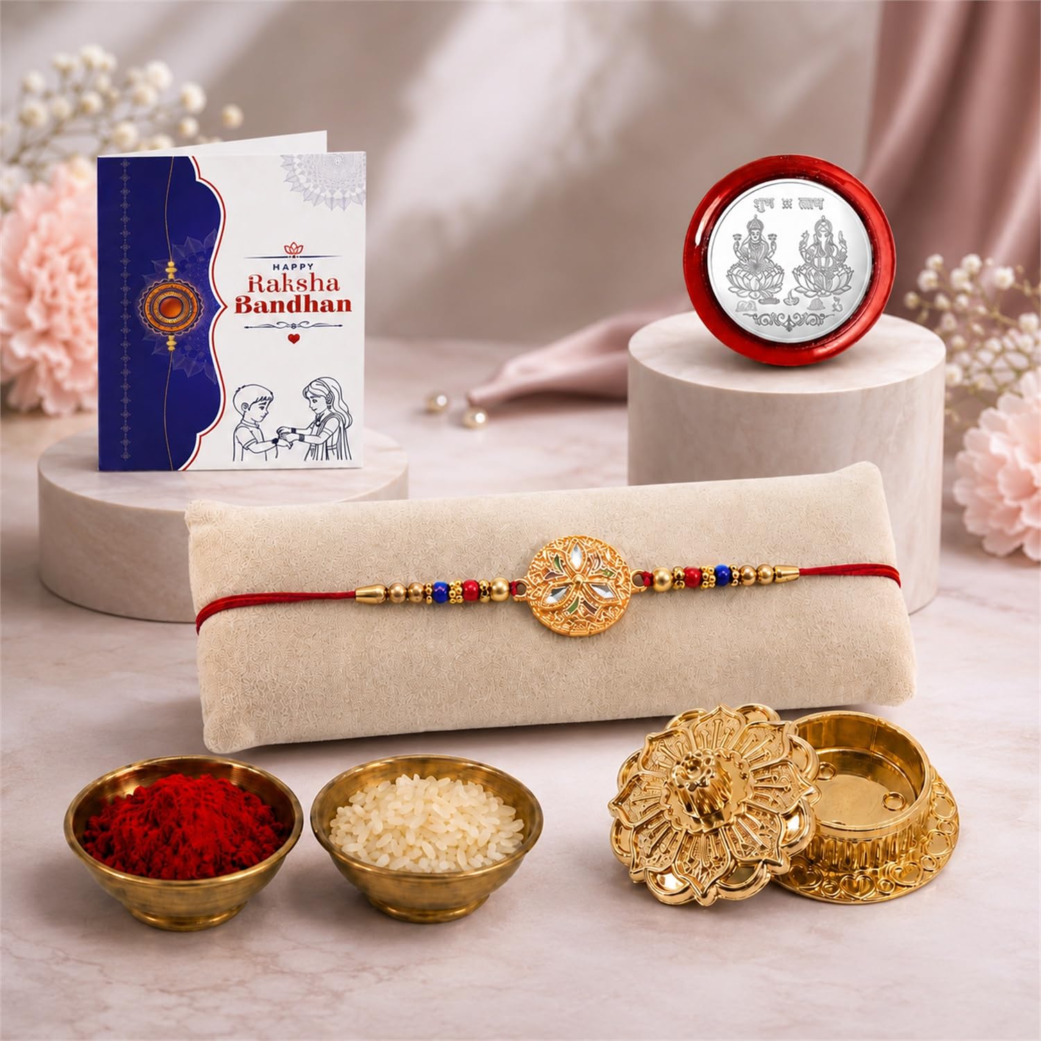 Round Multicolor Rakhi for Brother & Bhaiya with Golden Pooja | Pack of 5