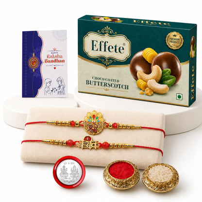 Shree, Shiv Multicolor Rakhi & Chocolate Butter Scotch 32gm with Roli Chawal, Silver Color Pooja Coin & Greeting Card, Rakshbandhan Combo, Rakhi & Chocolate, Pack of 6 For Raksha Bandhan