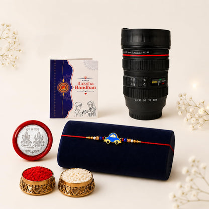 Multicolor Kids Rakhi for bhaiya & Camera Lens Shape Coffee Mug with Tikka/Tilak