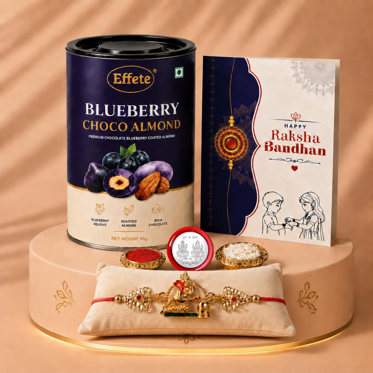 Designer Rakhi for Brother with Blueberry Almond 96gm, Coin & Card, Pack of 5