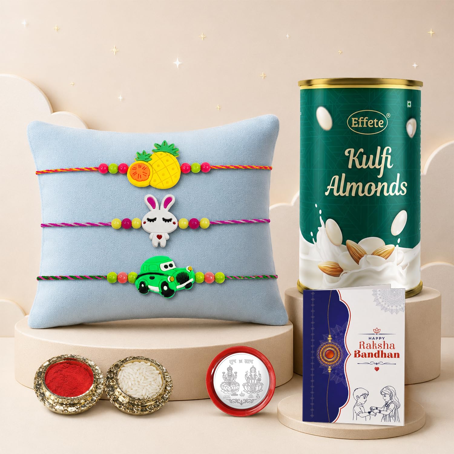 Fruit Rakhi for Brother with Kulfi Almonds - Raksha Bandhan Gift Set, Pack of 7